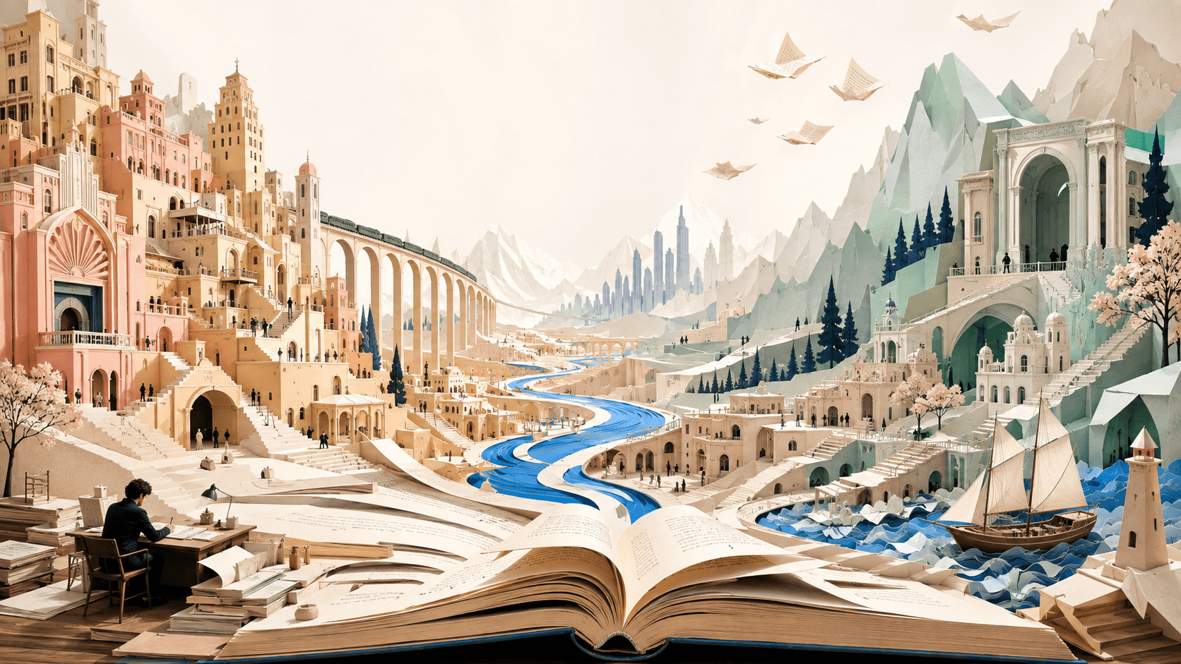 A screenplay unfolds into a paper landscape of cities, mountains and a sailing ship.